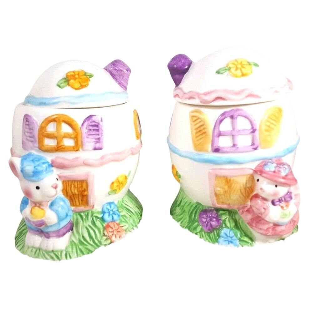 Rabbit Easter Egg Fairy House Pair Ceramic Interpur Decoration Trinket Box Set